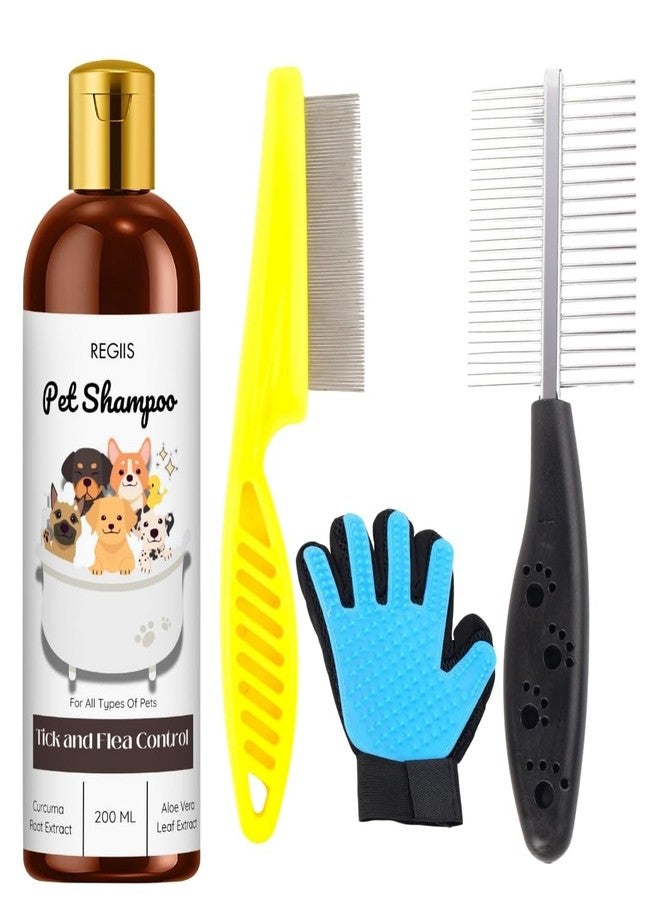 شامبو ريجيس للحيوانات الأليفة مع مكافحة القراد والبراغيث، 200 مل، يتضمن مجموعة فرشاة للعناية، ومستخلص الكركم والصبار - Image 1